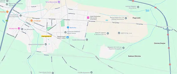 Mapa Google z lokalizacją biura sprzedaży MszczoNove na ul. Ługowa 78, Mszczonów