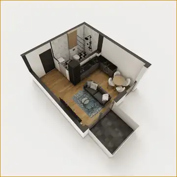 Rzut 3D mieszkania 1-pokojowego - kawalerka